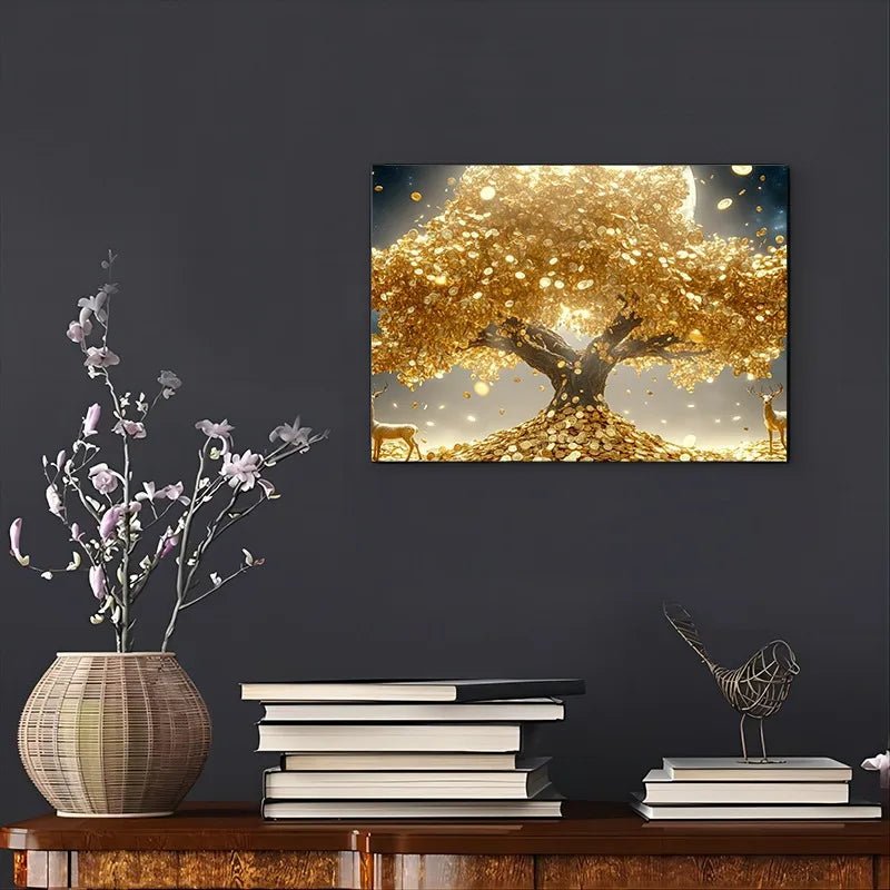 Gold Tree and Deer Canvas Wall Art - Digwee