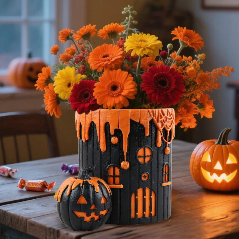 Halloween Witch Pumpkin House Resin Planter - Digwee
