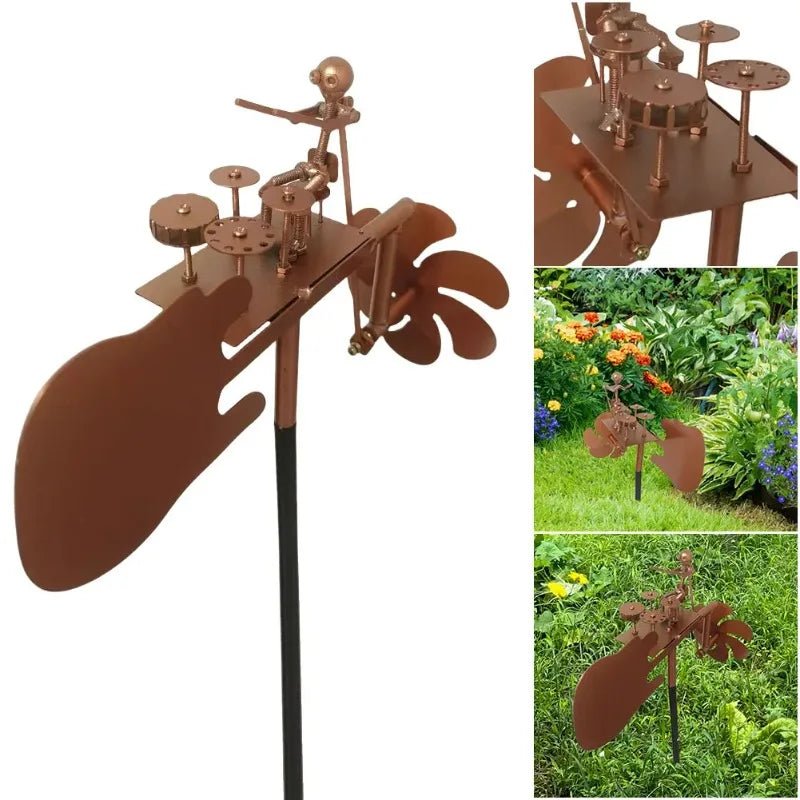 Metal Drummer Wind Spinner Garden Statue - Digwee