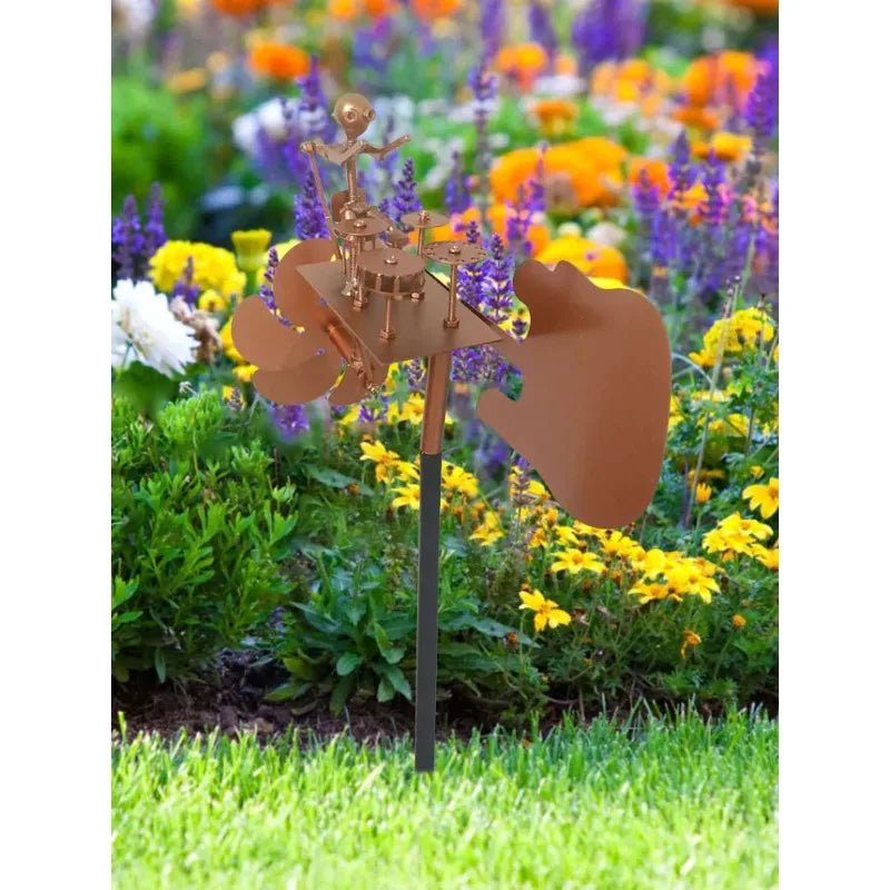 Metal Drummer Wind Spinner Garden Statue - Digwee