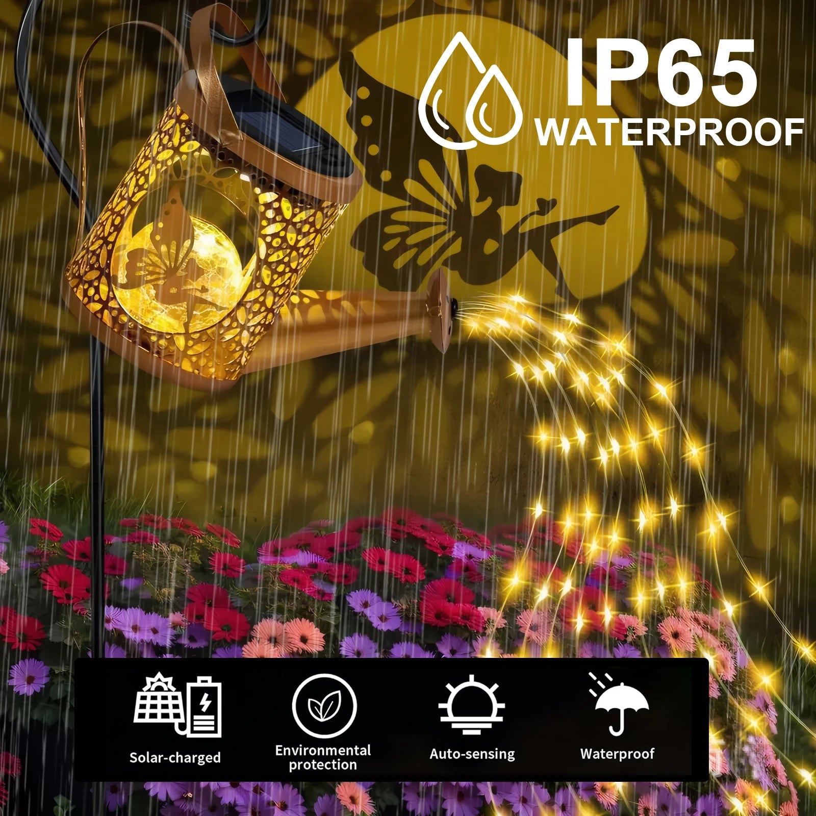 Solar Watering Can Light with Waterfall LEDs - Digwee